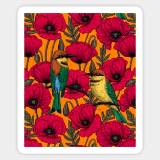 Bee eaters and poppies on orange Sticker